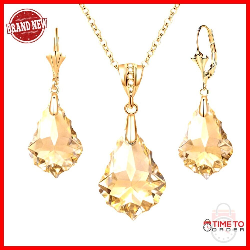 14K Gold Plated Austrian Crystal Baroque Necklace Earrings Set Hypoallergenic